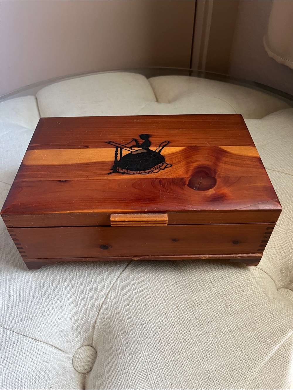 Vintage Cedar Trinket Jewelry Box with Black Silhouette Detail
